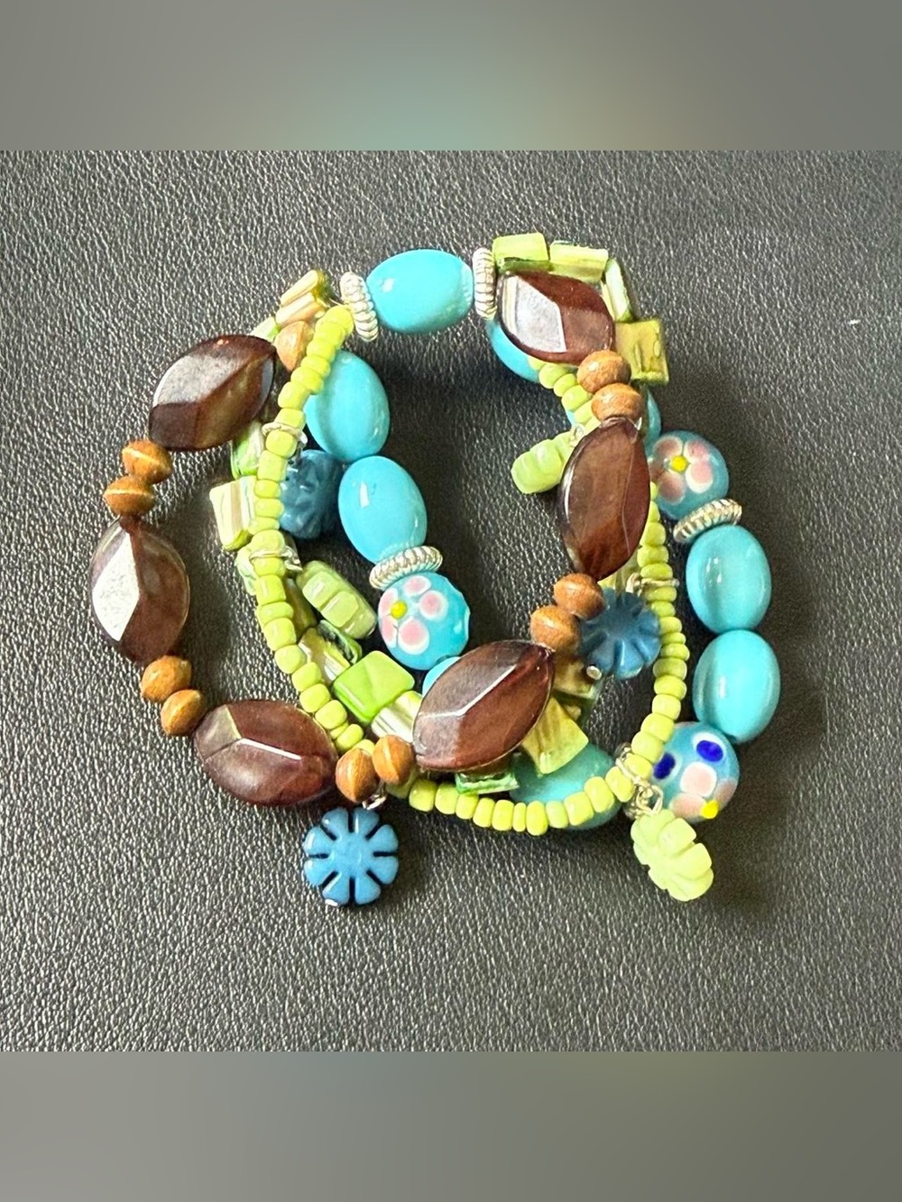 Multiple Strand Chunky Beaded Bracelet in Blue, Green and Brown